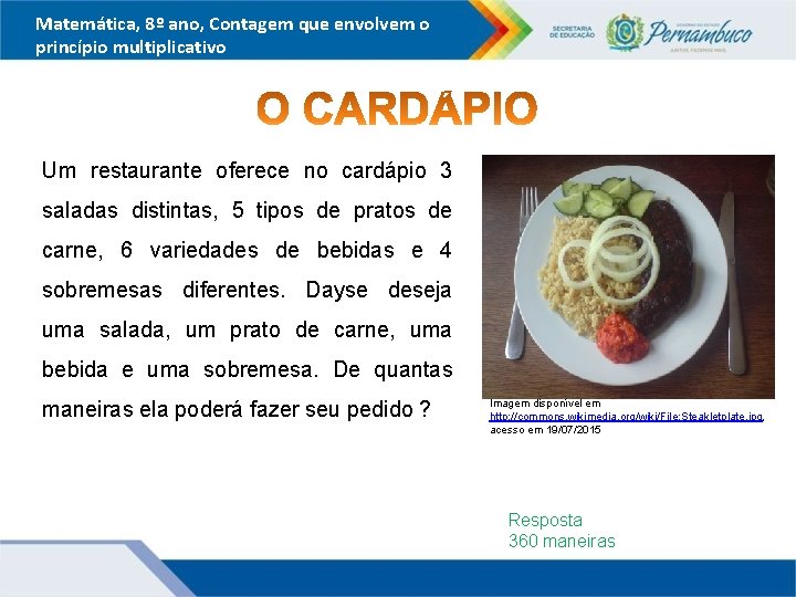 Matemática, 8º ano, Contagem que envolvem o princípio multiplicativo Um restaurante oferece no cardápio