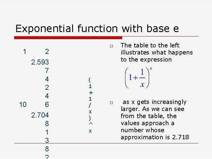 Exponential function with base e 2 2. 593 7 4 2 4 10 6