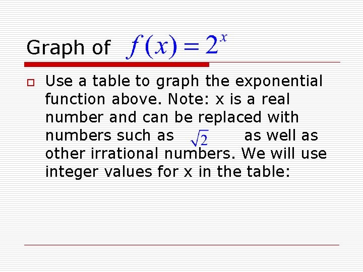 Graph of o Use a table to graph the exponential function above. Note: x