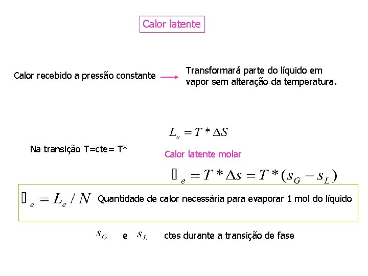 Calor latente Calor recebido a pressão constante Na transição T=cte= T* Transformará parte do Calor latente Calor recebido a pressão constante Na transição T=cte= T* Transformará parte do