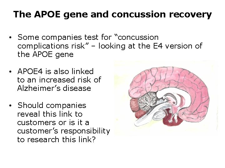 The APOE gene and concussion recovery • Some companies test for “concussion complications risk”