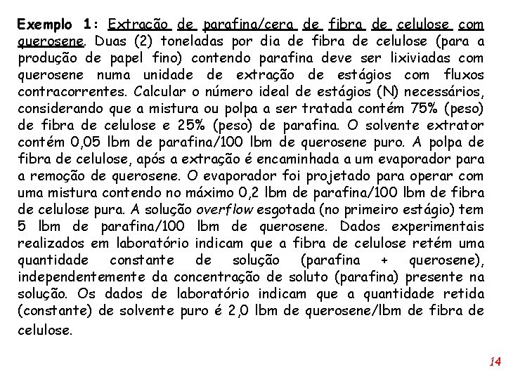 Exemplo 1: Extração de parafina/cera de fibra de celulose com querosene. Duas (2) toneladas