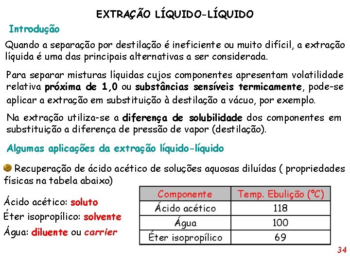 EXTRAÇÃO LÍQUIDO-LÍQUIDO Introdução Quando a separação por destilação é ineficiente ou muito difícil, a