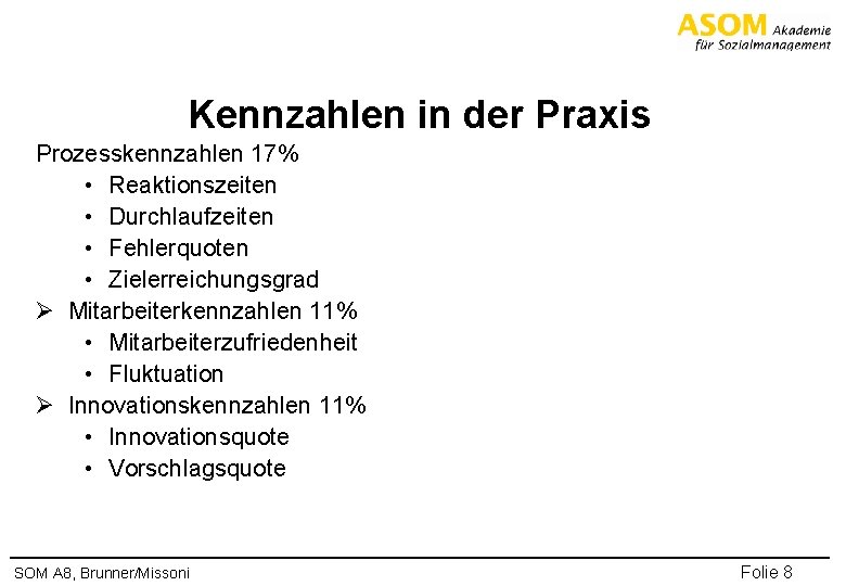 Kennzahlen in der Praxis Prozesskennzahlen 17% • Reaktionszeiten • Durchlaufzeiten • Fehlerquoten • Zielerreichungsgrad