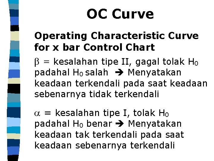 OC Curve Operating Characteristic Curve for x bar Control Chart = kesalahan tipe II,