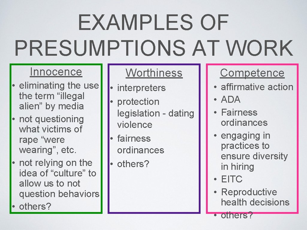 EXAMPLES OF PRESUMPTIONS AT WORK Innocence Worthiness Competence • eliminating the use the term