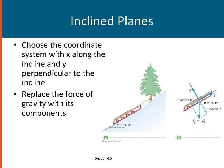 Inclined Planes • Choose the coordinate system with x along the incline and y