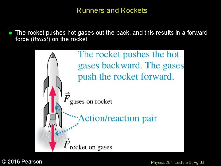 Runners and Rockets l The rocket pushes hot gases out the back, and this