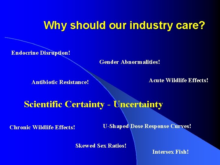 Why should our industry care? Endocrine Disruption! Gender Abnormalities! Acute Wildlife Effects! Antibiotic Resistance!