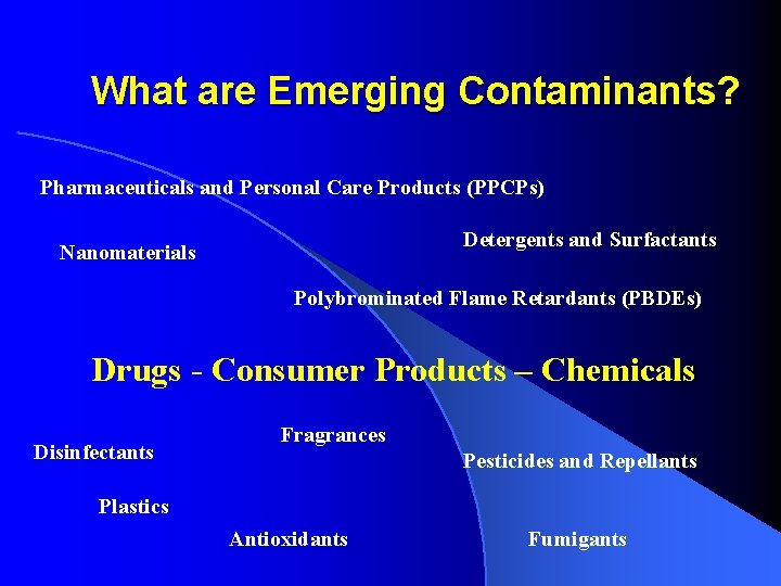 What are Emerging Contaminants? Pharmaceuticals and Personal Care Products (PPCPs) Detergents and Surfactants Nanomaterials