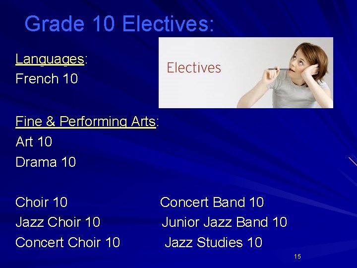 Grade 10 Electives: Languages: French 10 Fine & Performing Arts: Art 10 Drama 10