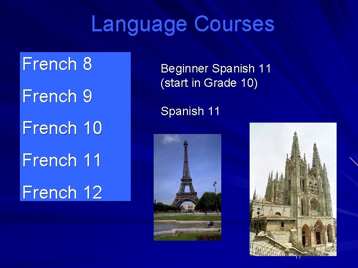 Language Courses French 8 French 9 French 10 Beginner Spanish 11 (start in Grade