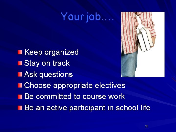 Your job…. Keep organized Stay on track Ask questions Choose appropriate electives Be committed