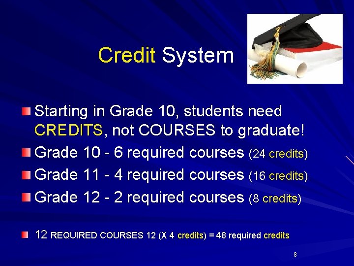 Credit System Starting in Grade 10, students need CREDITS, not COURSES to graduate! Grade