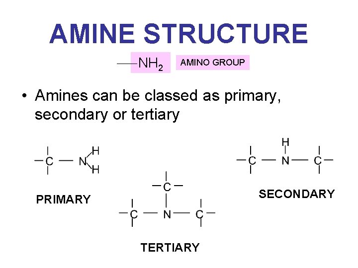 AMINE STRUCTURE NH 2 AMINO GROUP • Amines can be classed as primary, secondary