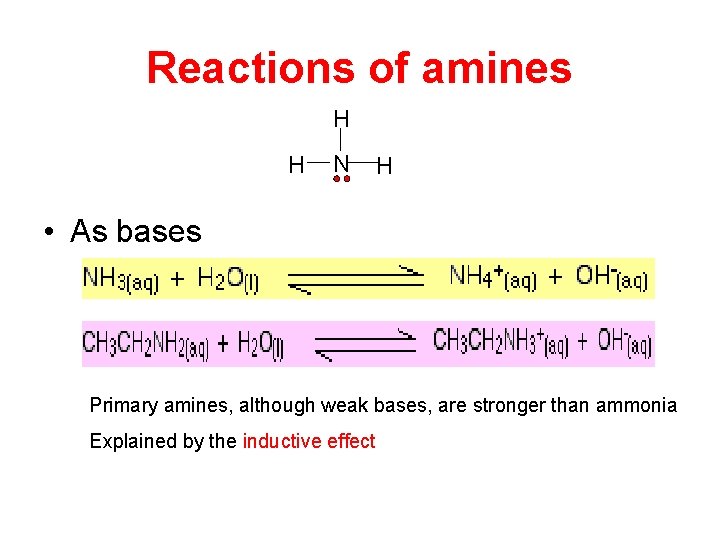 Reactions of amines H H N H • As bases Primary amines, although weak