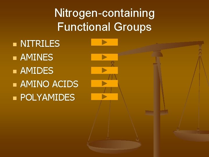 Nitrogen-containing Functional Groups n n n NITRILES AMINES AMIDES AMINO ACIDS POLYAMIDES 