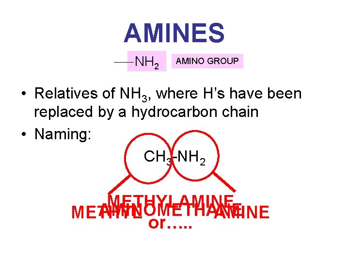 AMINES NH 2 AMINO GROUP • Relatives of NH 3, where H’s have been