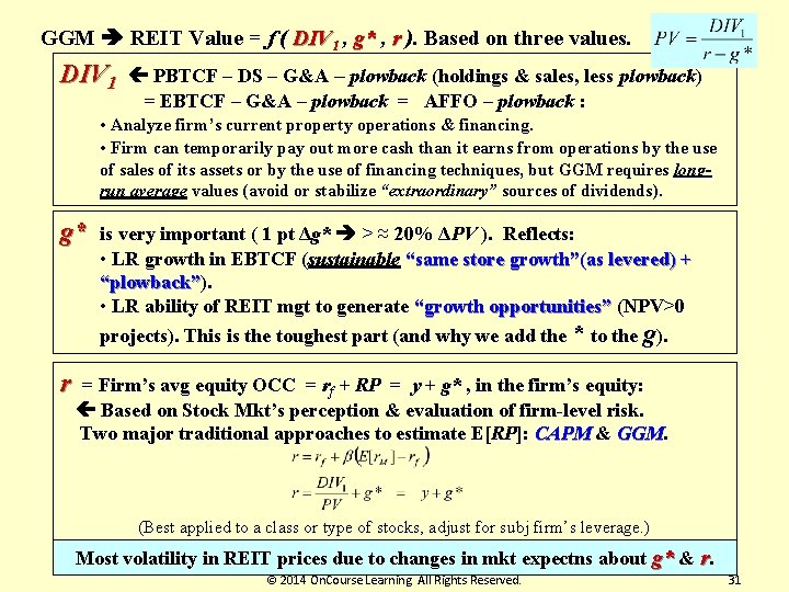 GGM REIT Value = f ( DIV 1 , g* , r ). Based