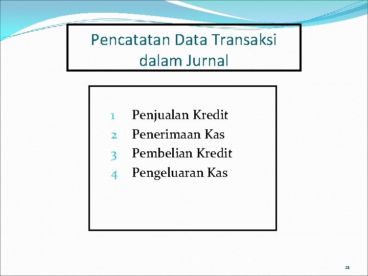 Pencatatan Data Transaksi dalam Jurnal 1 2 3 4 Penjualan Kredit Penerimaan Kas Pembelian