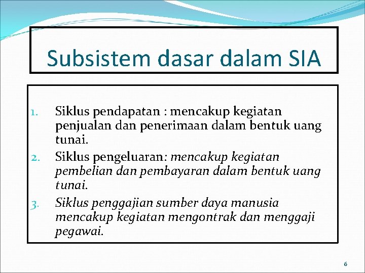 Subsistem dasar dalam SIA 1. 2. 3. Siklus pendapatan : mencakup kegiatan penjualan dan