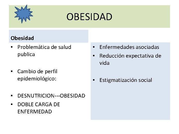 OBESIDAD Obesidad • Problemática de salud publica • Cambio de perfil epidemiológico: • DESNUTRICION---OBESIDAD