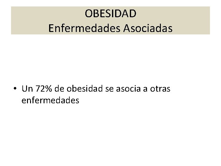 OBESIDAD Enfermedades Asociadas • Un 72% de obesidad se asocia a otras enfermedades 