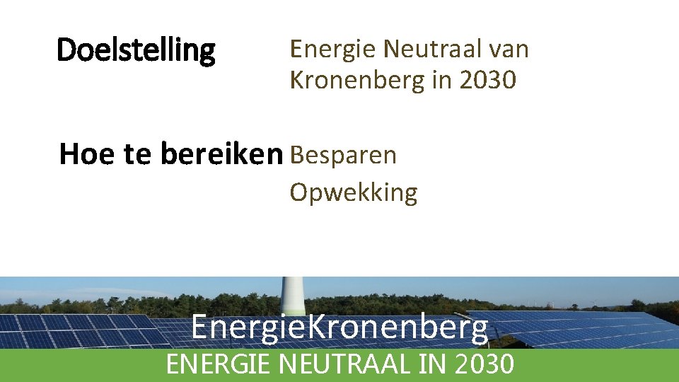 Doelstelling Energie Neutraal van Kronenberg in 2030 Hoe te bereiken Besparen Opwekking Energie. Kronenberg Doelstelling Energie Neutraal van Kronenberg in 2030 Hoe te bereiken Besparen Opwekking Energie. Kronenberg