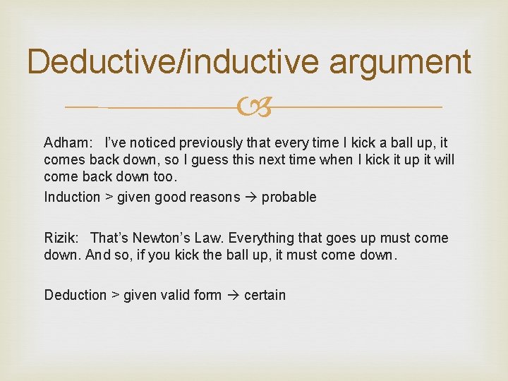 Deductive/inductive argument Adham: I’ve noticed previously that every time I kick a ball up,