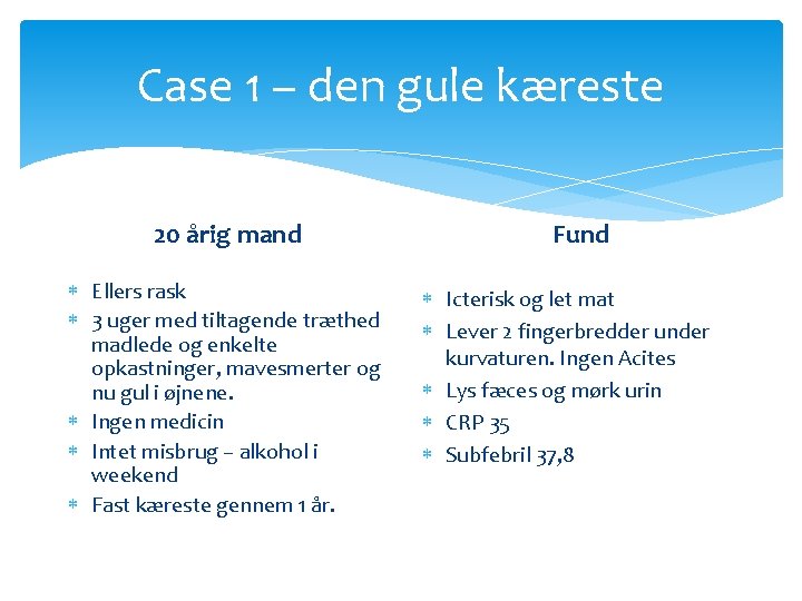 Case 1 – den gule kæreste 20 årig mand Ellers rask 3 uger med Case 1 – den gule kæreste 20 årig mand Ellers rask 3 uger med