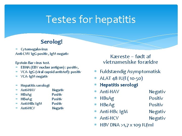 Testes for hepatitis Serologi Cytomegalovirus Anti-CMV Ig. G positiv, Ig. M negativ Epstein Bar Testes for hepatitis Serologi Cytomegalovirus Anti-CMV Ig. G positiv, Ig. M negativ Epstein Bar