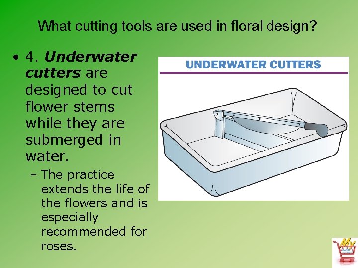 What cutting tools are used in floral design? • 4. Underwater cutters are designed