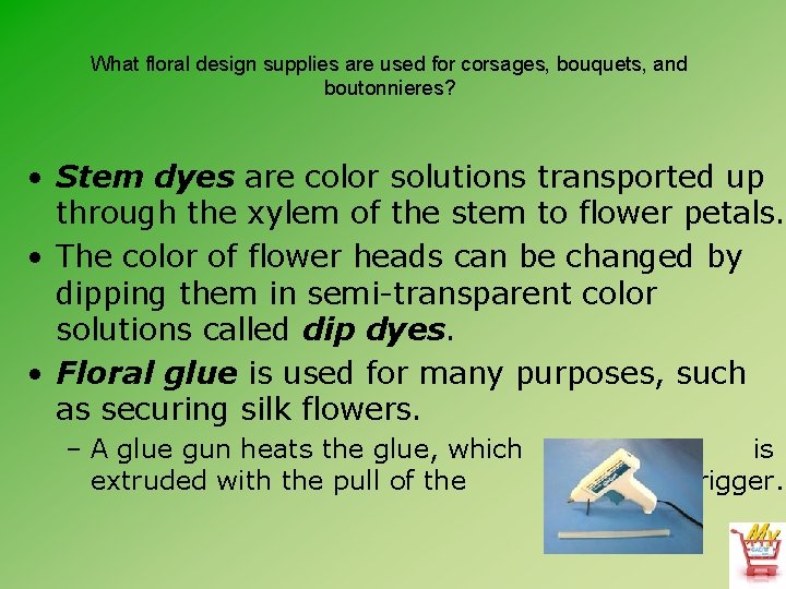 What floral design supplies are used for corsages, bouquets, and boutonnieres? • Stem dyes