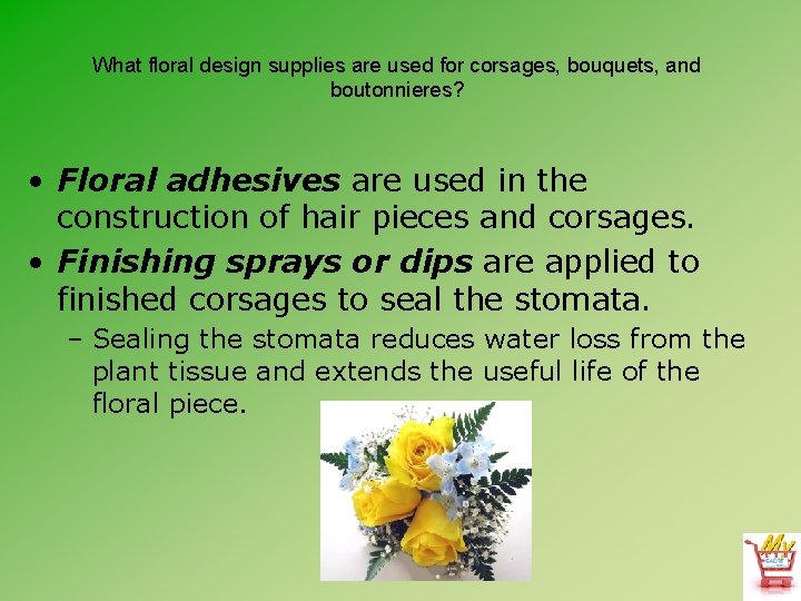 What floral design supplies are used for corsages, bouquets, and boutonnieres? • Floral adhesives