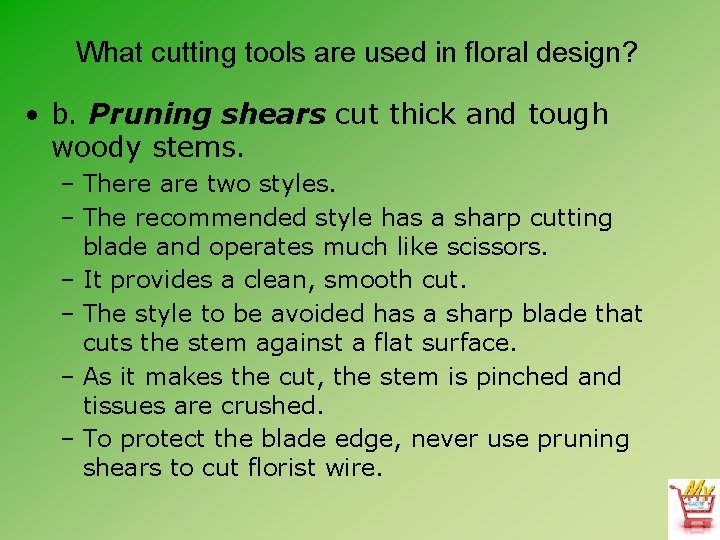 What cutting tools are used in floral design? • b. Pruning shears cut thick