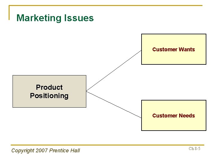 Marketing Issues Customer Wants Product Positioning Customer Needs Copyright 2007 Prentice Hall Ch 8