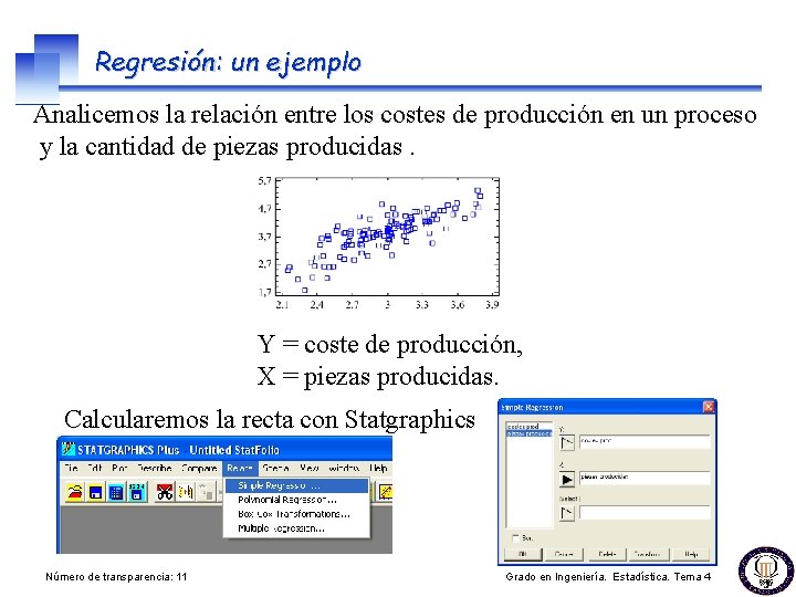 Regresión: un ejemplo Analicemos la relación entre los costes de producción en un proceso