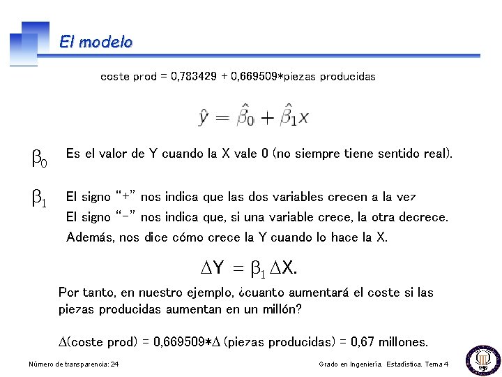 El modelo coste prod = 0, 783429 + 0, 669509*piezas producidas b 0 Es