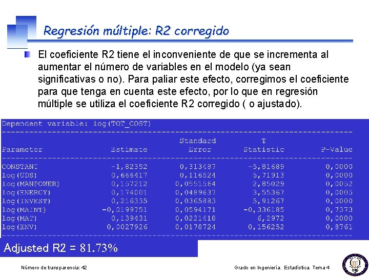 Regresión múltiple: R 2 corregido El coeficiente R 2 tiene el inconveniente de que