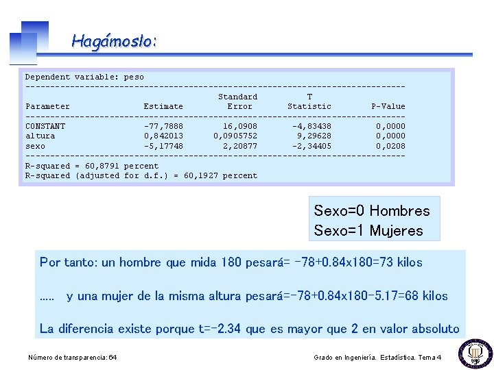 Hagámoslo: Dependent variable: peso --------------------------------------Standard T Parameter Estimate Error Statistic P-Value --------------------------------------CONSTANT -77, 7888