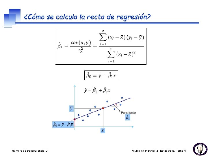 ¿Cómo se calcula la recta de regresión? Número de transparencia: 9 Grado en Ingeniería.