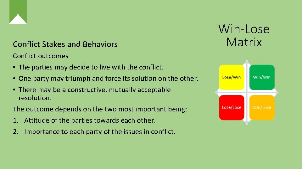 Conflict Stakes and Behaviors Conflict outcomes • The parties may decide to live with