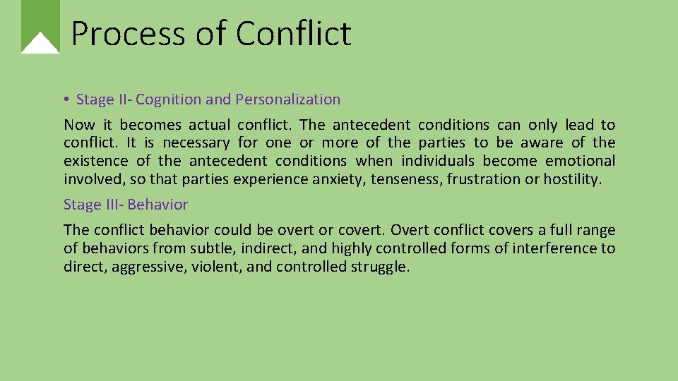 Process of Conflict • Stage II- Cognition and Personalization Now it becomes actual conflict.