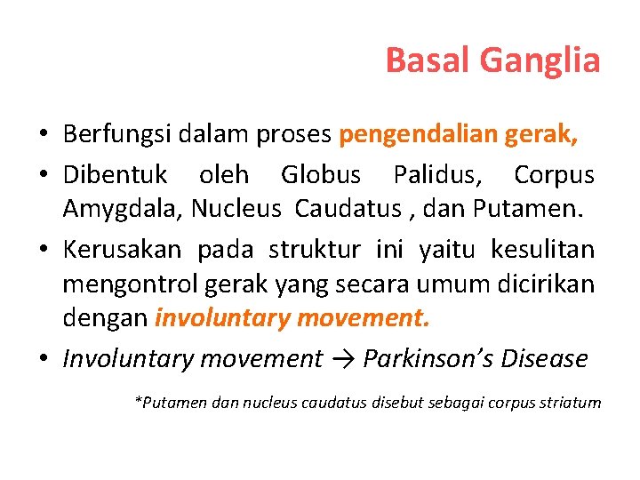 Basal Ganglia • Berfungsi dalam proses pengendalian gerak, • Dibentuk oleh Globus Palidus, Corpus