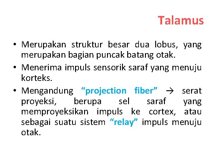 Talamus • Merupakan struktur besar dua lobus, yang merupakan bagian puncak batang otak. •