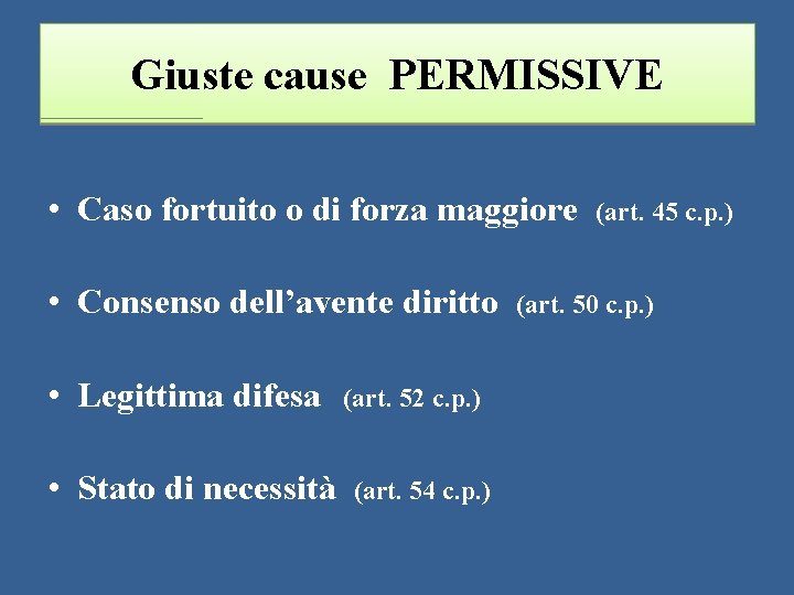 Giuste cause PERMISSIVE • Caso fortuito o di forza maggiore • Consenso dell’avente diritto