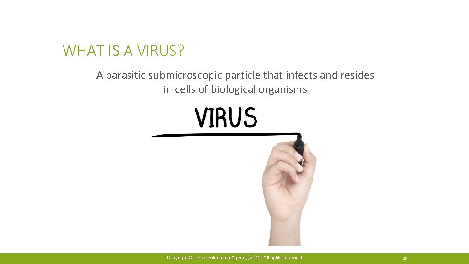 WHAT IS A VIRUS? A parasitic submicroscopic particle that infects and resides in cells