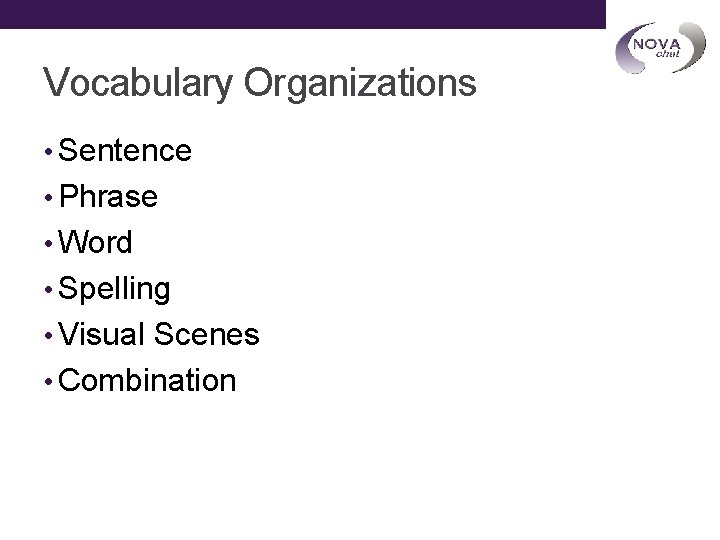 Vocabulary Organizations • Sentence • Phrase • Word • Spelling • Visual Scenes •