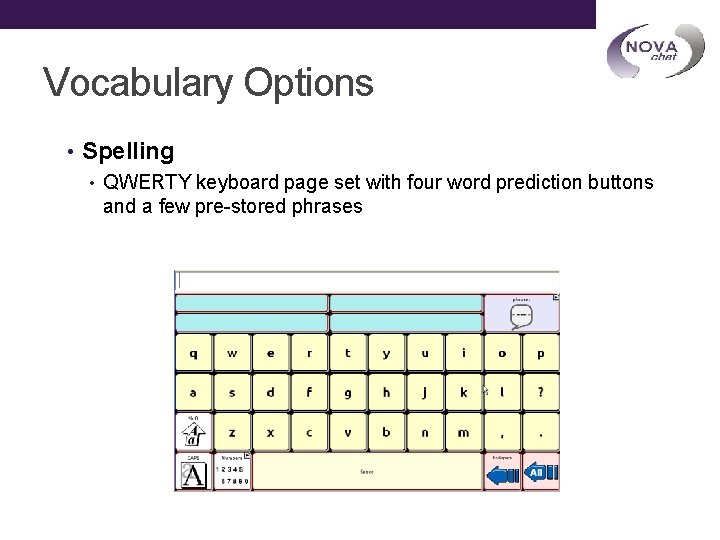 Vocabulary Options • Spelling • QWERTY keyboard page set with four word prediction buttons
