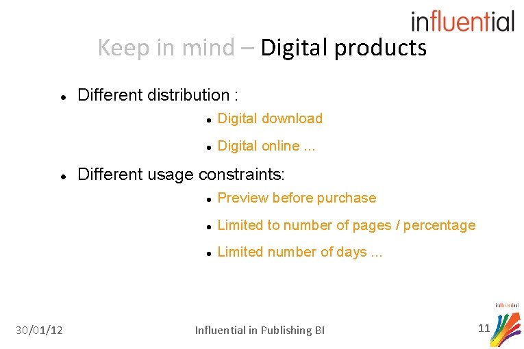 Keep in mind – Digital products 30/01/12 Different distribution : Digital download Digital online.